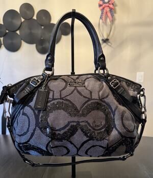 Coach Madison Op Art Sophia Sequin Satchel Black And Metallic Gray